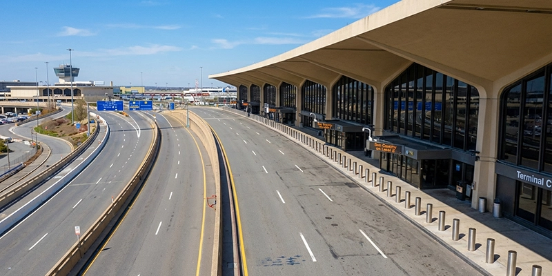 Newark Liberty International Airport (EWR): The modern, light-filled Terminal A exterior with its signature T-shaped design and expansive glass entryway.