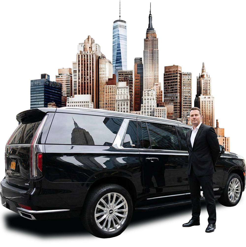 Professional chauffeur beside a black stretched limo SUV with New York City skyline backdrop, showcasing premium limo service NYC and NYC limo service for event.