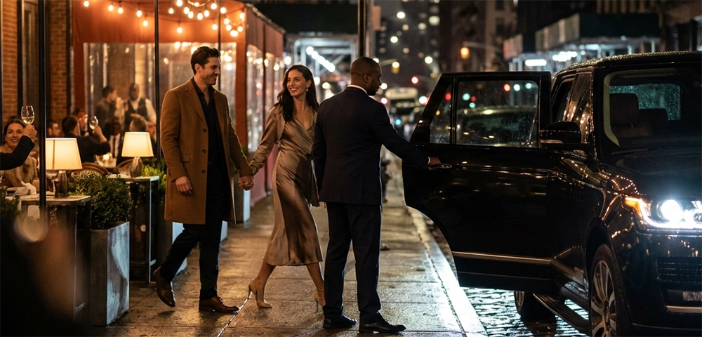 Guests arriving for a birthday dinner in SoHo with chauffeur-assisted limo service NYC, highlighting premium NYC limo service at night.
