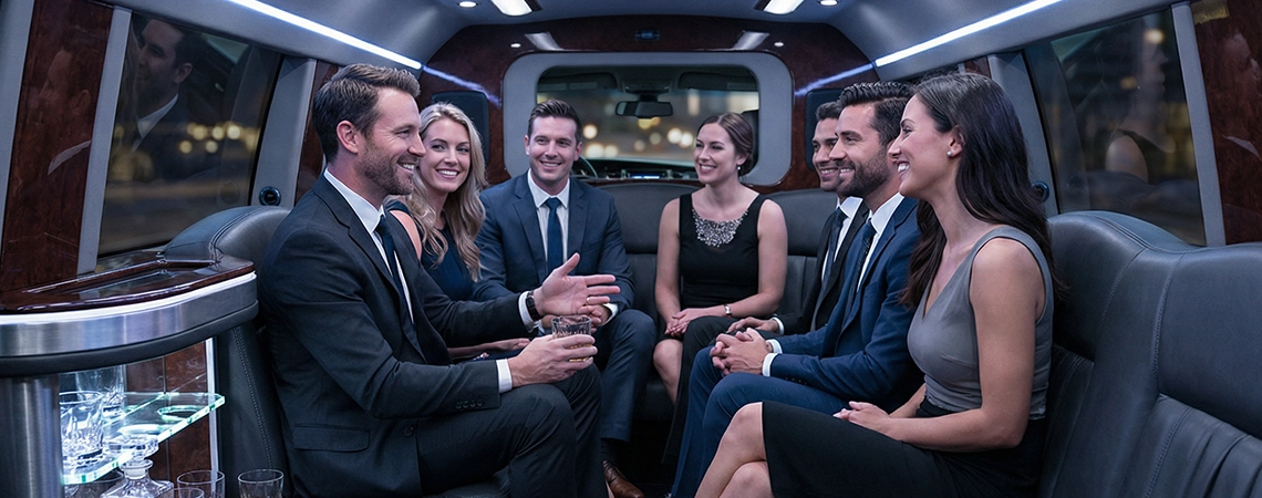 Professionals in business attire networking with drinks inside a sleek stretch limo, ideal for corporate parties with limo service NYC and NYC limo service.