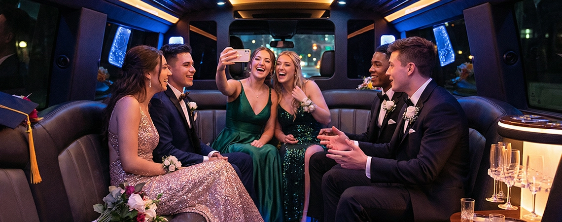 Teens in prom dresses and tuxes taking selfies and laughing inside a stylish stretch limo with vibrant lighting, perfect for limo service NYC and NYC limo service for prom & graduation.