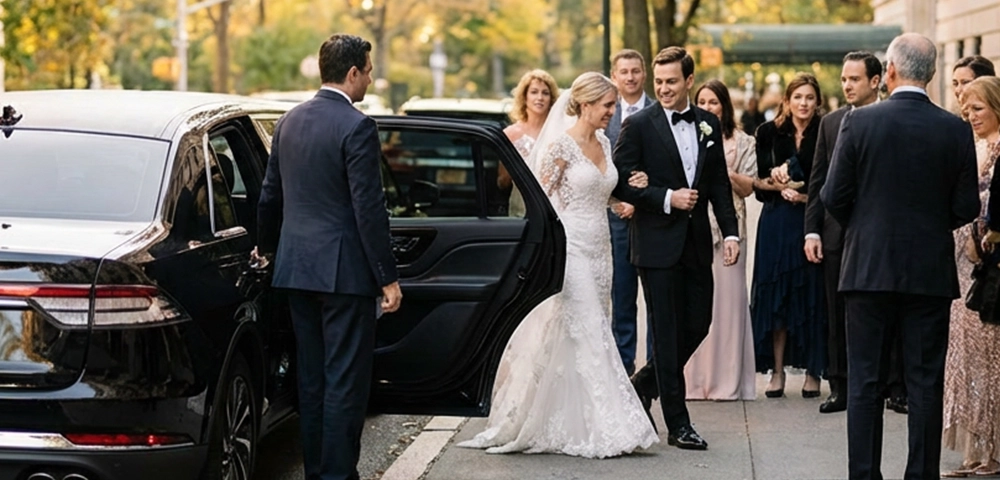 Bride and groom arriving at a wedding event with chauffeur-driven limo service NYC, showcasing elegant NYC limo service near Central Park.