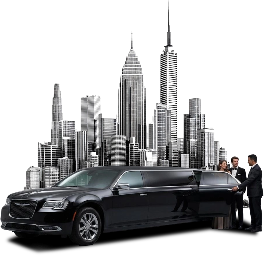 Black stretch limo with open door and suited chauffeur assisting guests against NYC skyline, ideal for limo service NYC and NYC limo service for events and safe transportation.