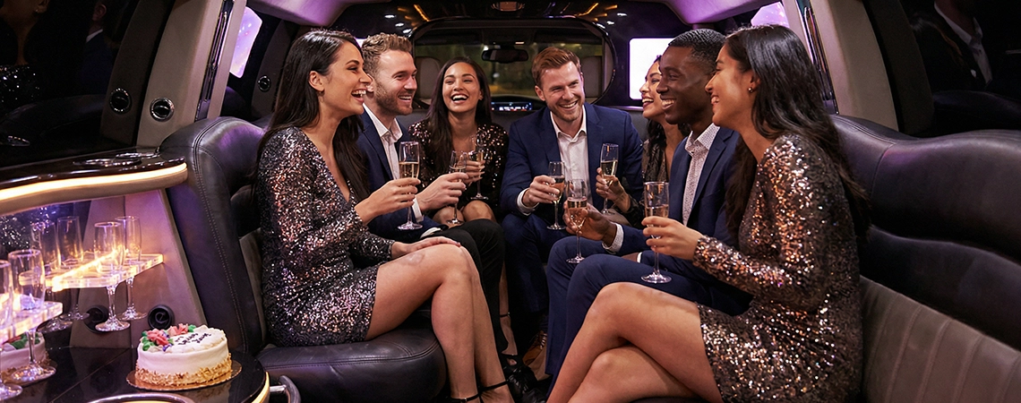 Joyful group celebrating birthday with champagne and cake inside a premium party limo, highlighting fun NYC limo service for special events.