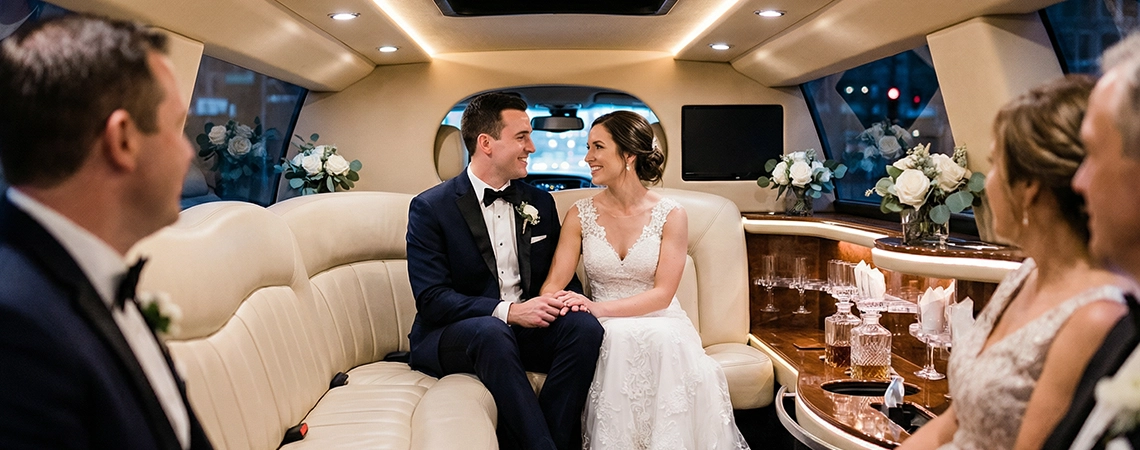 Bride and groom sharing a romantic moment with bridal party inside elegant stretch limo, perfect for limo service NYC and NYC limo service for weddings and pre-wedding events.