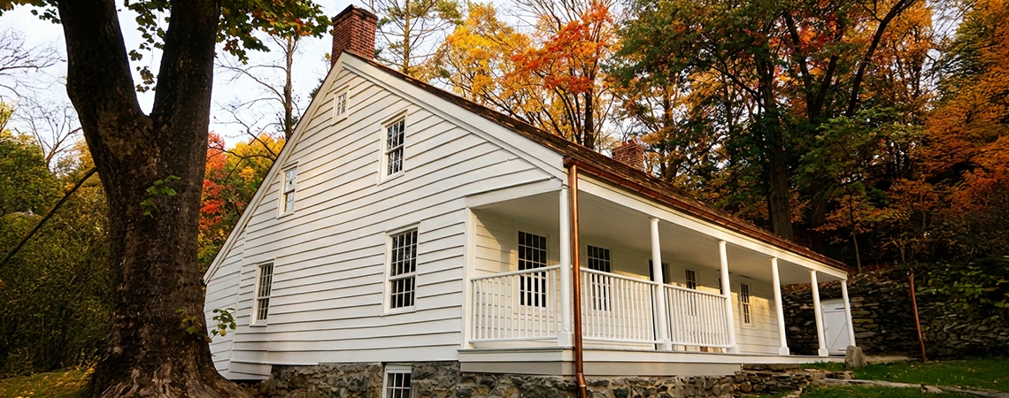 The photo is featuring a historic white colonial-style house with a porch and chimney surrounded by autumn foliage, accompanied by text recommending spots to visit,  ideal for tourists arriving via car service in White Plains.