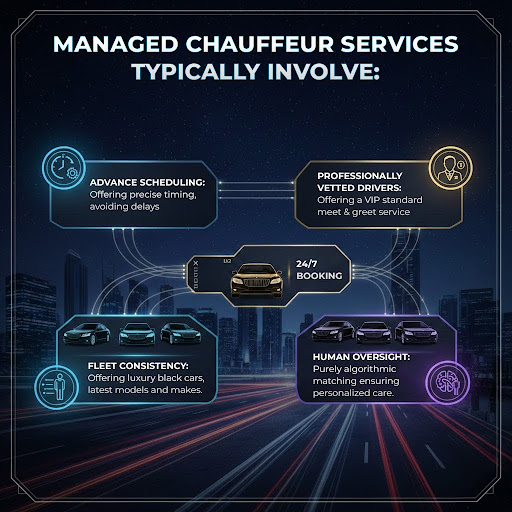 Managed chauffeur services typically involve: 1) Advance scheduling: Offering precise timing, avoiding delays, 2) Professionally vetted drivers: Offering a VIP standard meet & greet servic,e 3)Fleet consistency: Offering luxury black cars, all in the latest models and makes.