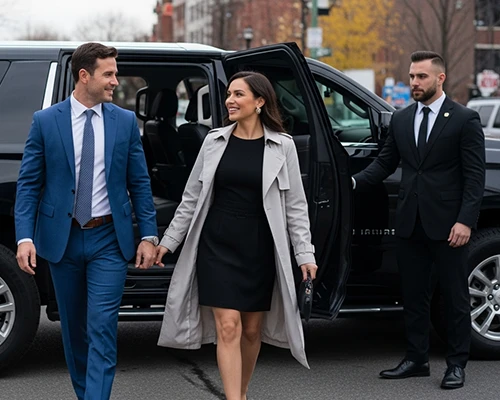 Professional chauffeur from Yonkers car service, assisting stylish couple stepping out of black SUV in Yonkers urban setting, showcasing reliable car service Yonkers.