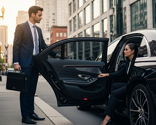 A suited chauffeur holding open the door of a luxury sedan for a businesswoman in elegant attire stepping out in a bustling NYC street at golden hour, showcasing Yonkers car service or car service Yonkers