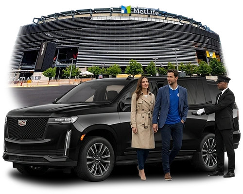 Luxury chauffeur-driven SUV outside MetLife Stadium with a couple and professional driver, offering premium travel for fans attending the FIFA World Cup 2026 at the 2026 FIFA World Cup venue.