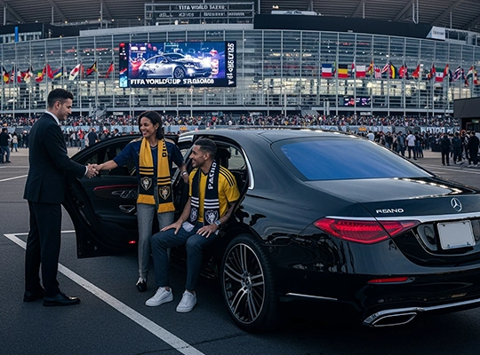 Chauffeur greeting football fans arriving by luxury sedan outside the packed MetLife stadium during the FIFA World Cup 2026, capturing the premium matchday experience of the 2026 FIFA World Cup.