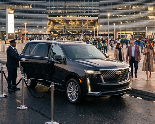 Black SUV drops off guests at MetLife Stadium entrance with crowds and golden lights, evoking VIP buzz for the FIFA World Cup 2026 and its role in the 2026 FIFA World Cup.