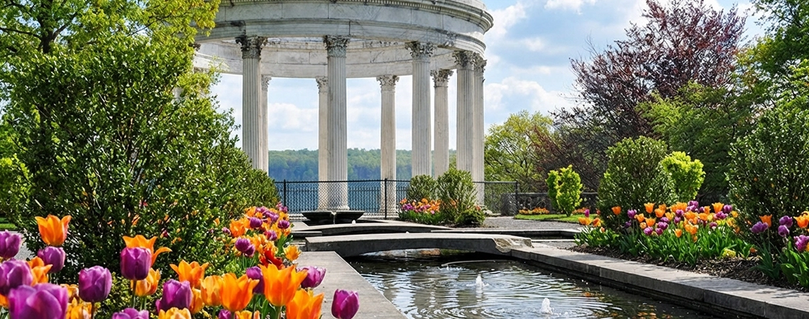 Vibrant tulip garden with historic white pavilion and reflecting pool at Untermyer Gardens in Yonkers, arrive relaxed with Yonkers car service or car service Yonkers.