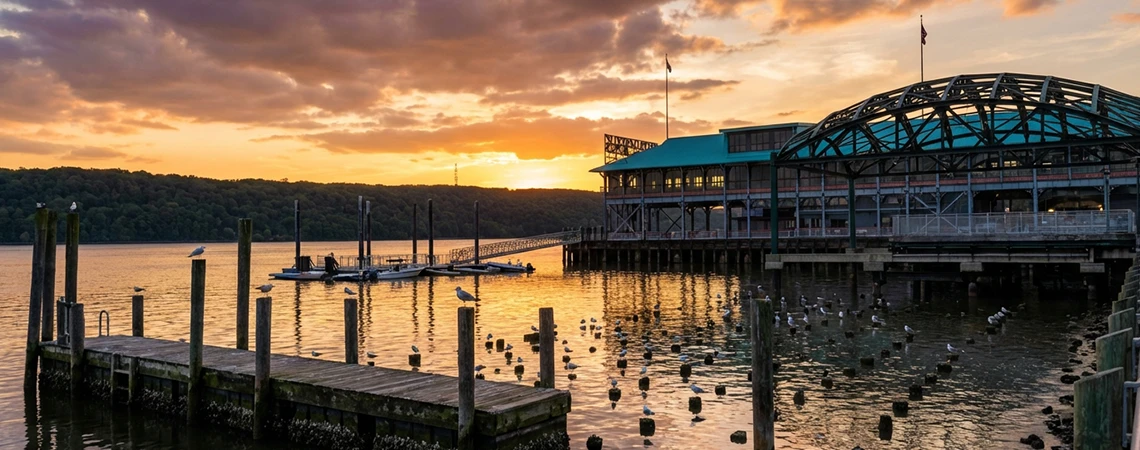 Sunset over the Hudson River with a modern waterfront restaurant and dock at golden hour in Yonkers, perfect spot for upscale dining, arrive relaxed with Yonkers car service or car service Yonkers.