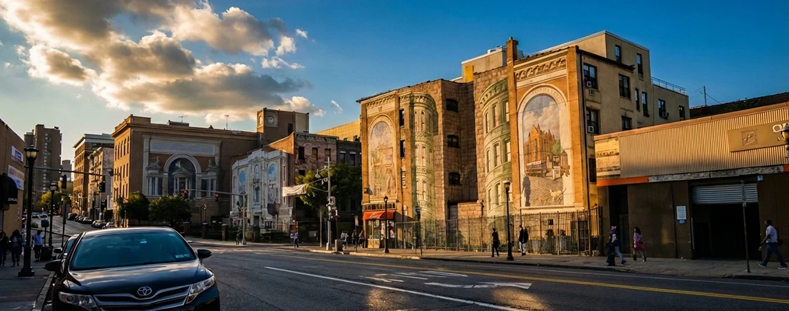 Classic brick buildings with street art mural along a bustling Yonkers avenue at golden hour, capturing the charm of downtown, explore with Yonkers car service or car service Yonkers.