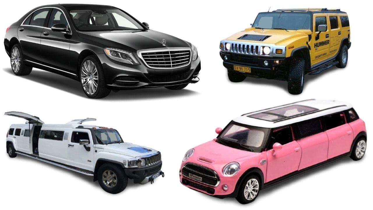 An image depicting the differences between limousine and limo with four vehicles in it