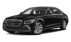 Tilted front and side view of Mercedes-Benz S class under NYC United limo.