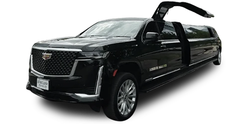 A luxury black 2023 Cadillac Escalade with Jet Doors under NYC United limo.