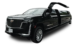 Tilted front and side view of Escalade SUV Limo under NYC United limo.