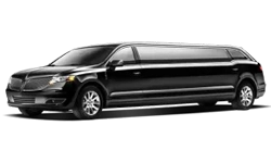 Tilted front & side view of sleek black Lincoln MKT limo under NYC United limo.