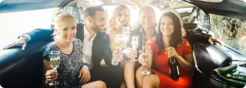 Five friends are enjoying their drinks in NYC United limo’s party limo during a bachelorette party.