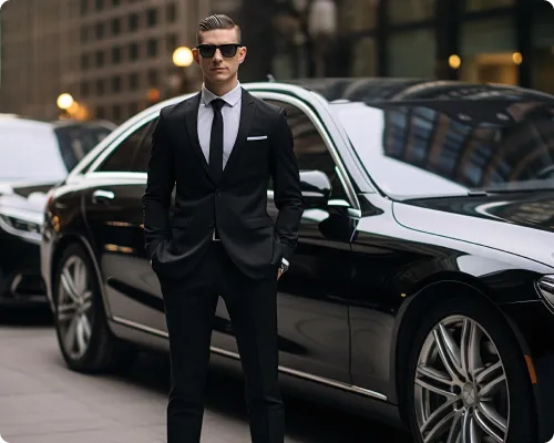 A black-suited chauffeur from NYC United limo is posing with a black luxury car at the bakground