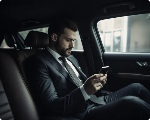 A business executive is traveling in a chauffeured car for his urgent consecutive meetings.