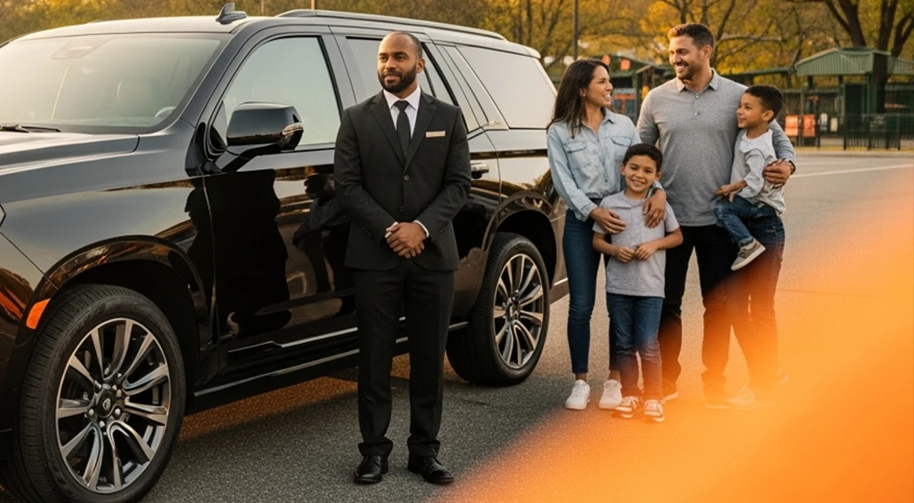 A professional chauffeur standing next to a black SUV as a family of four smiles nearby.