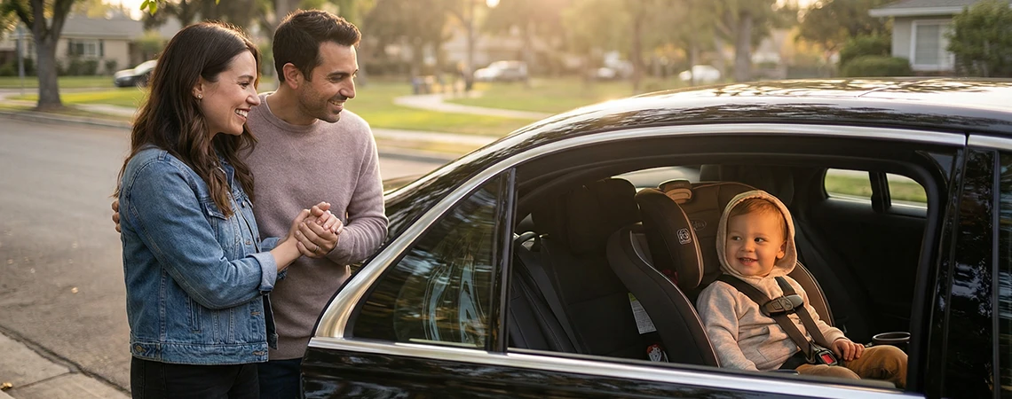 Happy parents looking at their toddler in a car seat inside a Luxury black car.
