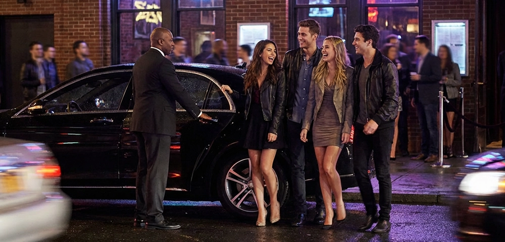 Group stepping out of a luxury black sedan for club hopping, enjoying limo service NYC and premium NYC limo service in Manhattan nightlife.