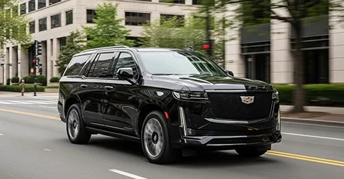 Sleek black Cadillac Escalade luxury SUV in motion on a tree-lined urban street with modern buildings in the background, embodying the high-end, reliable transfer offered by premium car service in White Plains for executives and visitors exploring Westchester County.