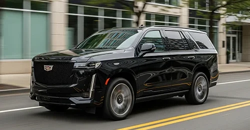 Sleek black Cadillac Escalade SUV in motion on a city street, showcasing luxury and style, perfect for seamless travel with Yonkers car service or car service Yonkers.
