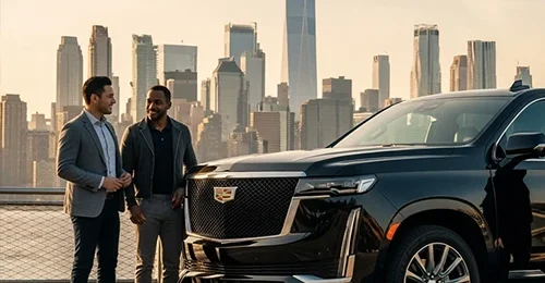 Two men in casual business attire standing and talking next to a black luxury SUV with the Manhattan skyline and One World Trade Center in the background.