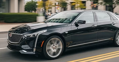 A sleek black luxury sedan driving on a city street with blurred background elements, suggesting motion. The vehicle is prominently featured, highlighting its modern design and polished exterior, indicating that it’s a part of a Newark car service.