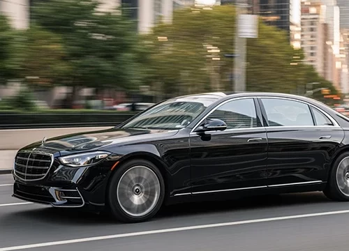 NYC United Limo’s sleek black luxury Mercedes-Benz sedan is in motion through the city, delivering a smooth and stylish JFK Airport transfer experience for LGA to JFK Airport transfer.
