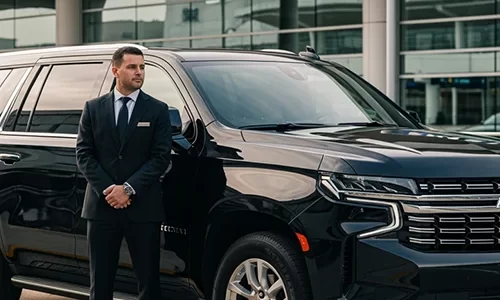 Executive Newark Airport Transfer service featuring a uniformed chauffeur and an armored SUV ready for airport transfer Newark to Manhattan.