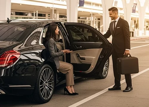 Professional chauffeur in a suit holding the door open for an elegant businesswoman exiting a sleek black luxury sedan at the airport terminal, highlighting the reliable and sophisticated door-to-door experience of JFK Limo Service and Limo Service to JFK.